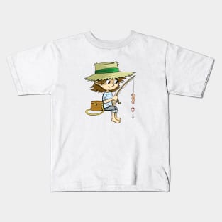 boy with a fishing rod is fishing and worms Kids T-Shirt